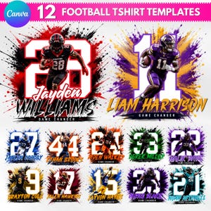 May include: A collection of 12 football t-shirt design templates featuring various players in action poses with large jersey numbers, paint splatter effects, and customizable names. The text includes 12 FOOTBALL TSHIRT TEMPLATES and GAME CHANGER.