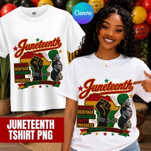May include: A white t-shirt featuring a graphic print with the word Juneteenth in red script. The design includes a map of Africa in red, yellow, and green, a raised black fist with broken chains, and profiles of three people. Text includes Freedom, Heritage, Resilience, Unity, Progress, and Our History Our Future.