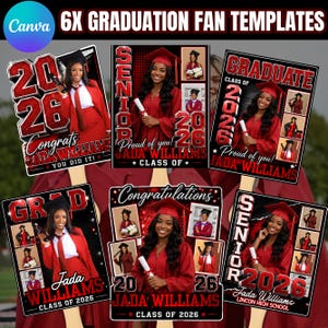 May include: Six graduation fan templates featuring a graduate in a red cap and gown. Each fan includes the graduate's name, "2026," and congratulatory messages. The Canva logo is in the upper left corner.