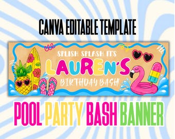 Splish Splash Pool Party Bash Summer Banner Template | Editable Canva Banner | 35x60 DIY Painted Sign | Digital Download