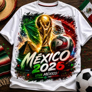 Puede incluir: Una camiseta blanca con un gráfico vibrante del trofeo de la Copa Mundial de la FIFA, un balón de fútbol, la bandera mexicana y una pirámide. El diseño incluye el texto MEXICO 2026 y VIVA MÉXICO en letras coloridas sobre un fondo dinámico.