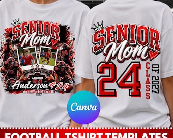 Op de afbeelding: Een wit t-shirt met een grafisch ontwerp met de tekst SENIOR Mom, Anderson 24 en The Last Quarter 2027. Het ontwerp bevat voetbalafbeeldingen, twee fotolijsten met een speler en de tekst SENIOR Mom 24 Class of 2027.