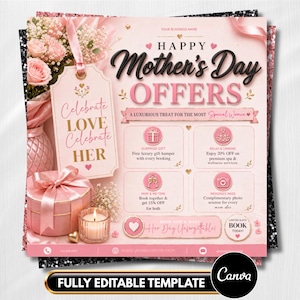 Könnte beinhalten: Ein rosa-schwarzes Muttertags-Angebots-Template mit dem Text "Happy Mother's Day Offers". Das Design umfasst eine Geschenkbox, Blumen und eine Kerze. Die Vorlage ist vollständig editierbar.