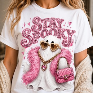 May include: A white t-shirt featuring a graphic of a white ghost wearing heart-shaped sunglasses, a gold chain with a pink heart pendant, and a pink feather boa, while carrying a pink quilted handbag. The text STAY SPOOKY is printed in pink.