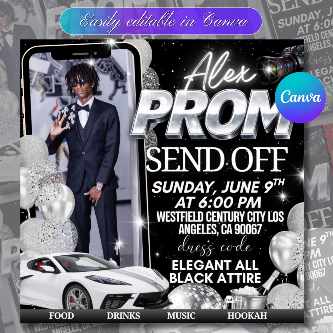 Prom Send off Invitation Template | Black & Silver Canva Flyer ...