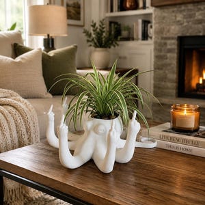 May include: A white ceramic octopus planter featuring multiple tentacles, each raised to display a middle finger gesture. The octopus holds a green and white spider plant in its central cavity, creating a unique sculptural vessel for indoor greenery.