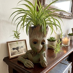 May include: A Groot-shaped plant pot, holding a green and white spider plant. The pot is a detailed sculpture with a thoughtful expression. The plant has long, slender leaves. The pot is on a dark wooden surface.