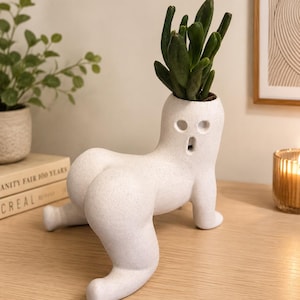 May include: A white ceramic planter shaped like a four-legged creature with a rounded posterior and a head featuring three circular cutouts for eyes and a mouth. The planter has a speckled texture and holds a green succulent plant in its top opening.