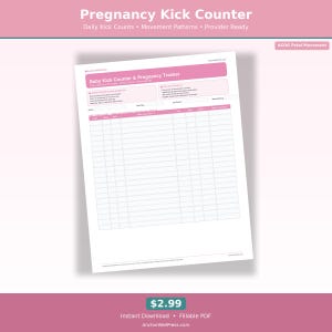 Puede incluir: Un contador y rastreador de patadas de embarazo imprimible en blanco con acentos rosas. El documento incluye secciones para el conteo diario de patadas, patrones de movimiento e información del proveedor. El texto en la parte superior dice "Pregnancy Kick Counter".