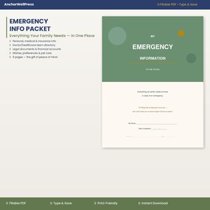 Könnte beinhalten: Ein druckbares Notfall-Infopaket mit grünem und weißem Design. Der Text lautet "EMERGENCY INFO PACKET" und "Everything Your Family Needs - In One Place." Enthält Abschnitte für persönliche, medizinische und Versicherungsinformationen.