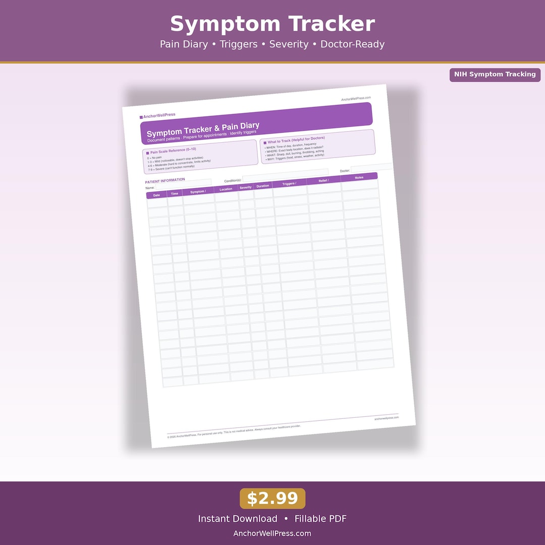Fillable Pdf Pain Log Example Symptom Tracker Fillable PDF | Pain Diary Chronic Illness Log Daily ...