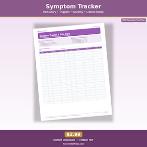 Pode incluir: Um formulário branco de rastreamento de sintomas e diário de dor com detalhes em roxo. O formulário inclui seções para informações do paciente, datas, sintomas e gatilhos. O texto na parte superior diz "Symptom Tracker" e "Pain Diary. Triggers. Severity. Doctor-Ready."