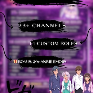 May include: An image with a purple background and white text that says "WHAT'S INCLUDED?" with the following: "23+ CHANNELS", "14 CUSTOM ROLES", and "BONUS: 20+ ANIME EMOJIS". There are four anime characters at the bottom.