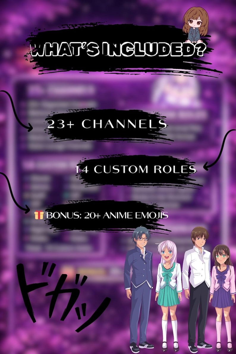 May include: An image with a purple background and white text that says "WHAT'S INCLUDED?" with the following: "23+ CHANNELS", "14 CUSTOM ROLES", and "BONUS: 20+ ANIME EMOJIS". There are four anime characters at the bottom.