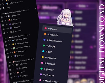 May include: A digital download graphic for Discord servers, featuring an anime theme. The design includes server roles, channels, and anime emojis. The text reads "Premium Anime Discord Template" and "Digital Download."