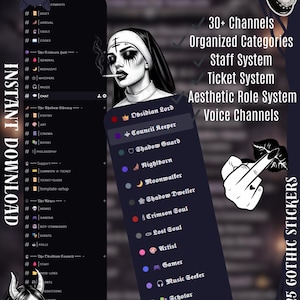 Puede incluir: Plantilla de servidor de Discord digital con estética gótica. El diseño presenta una monja fumando un cigarrillo y una lista de canales y roles. Incluye pegatinas de bonificación.