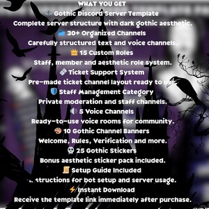 May include: A digital graphic promoting a Gothic Discord Server Template. The image features a dark purple background with silhouettes of birds and a castle. Text highlights features like organized channels, custom roles, and stickers.
