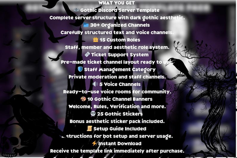 May include: A digital graphic promoting a Gothic Discord Server Template. The image features a dark purple background with silhouettes of birds and a castle. Text highlights features like organized channels, custom roles, and stickers.