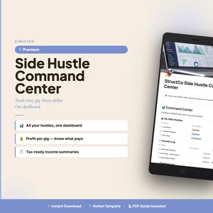 Puede incluir: Anuncio del producto digital StructCo Side Hustle Command Center. La imagen presenta una tableta que muestra la interfaz de la aplicación, junto a un gráfico con el nombre del producto, las características clave y el logotipo de StructCo. El esquema de color es claro y moderno.