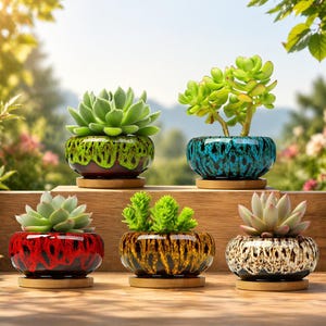 May include: A collection of five small, round ceramic planters with succulents. The planters are in various colors, including green, red, blue, and brown, with a speckled glaze. Each planter sits on a small, round wooden coaster.