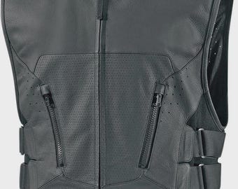 Biker Leather Vest with Zipper Striped SWAT Style Motorcycle Club Vest