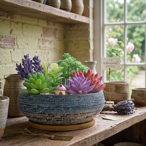 May include: A decorative ceramic planter with a blue and brown textured finish, filled with colorful artificial succulents and a miniature house. The planter sits on a wooden base, with a sign that reads "The Whimsical Potter".