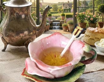 Rose Teacup and Saucer Set, Shabby Chic Porcelain Tea Cup with Butterfly Spoon