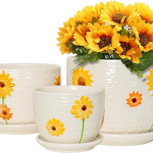 Ceramic Sunflower Plant Pots Set of 3 – Indoor Planters with Drainage Holes and Saucers