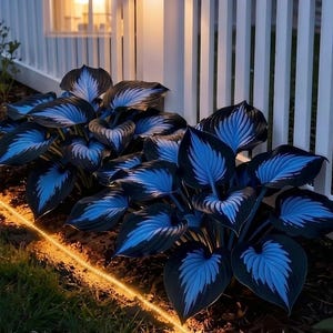 May include: A cluster of hosta plants with large, dark green leaves featuring striking blue and white veining. The plants are illuminated by a warm, golden light, set against a white picket fence and a backdrop of a house.