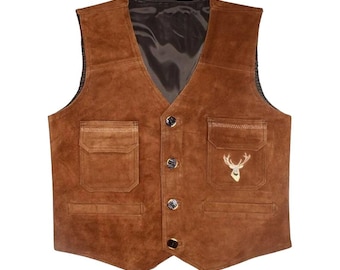 Chaleco tradicional bávaro de ante marrón – Chaleco Oktoberfest con motivo de ciervo - Chaleco alpino para hombre