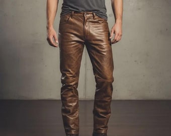 Pantalon homme en cuir d'agneau marron, pantalon style motard ciré effet vieilli