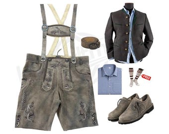 Men's Authentic Bavarian Lederhosen Outfit – Oktoberfest Custome Suede Short, Charcoal Grey Bavarian Jacket, Shirt, Belt, Shoes, Socks