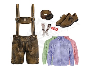 Set di abiti da uomo autentici di pantaloni di pelle bavaresi dell'Oktoberfest – Pacchetto Trachten in pelle scamosciata