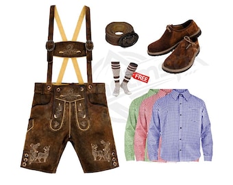 Brown Suede Leather Oktoberfest Custome Outfit - Authentic German Bavarian Lederhosen Short - Trachten Set - Bavarian Shoes, Socks, Shirt