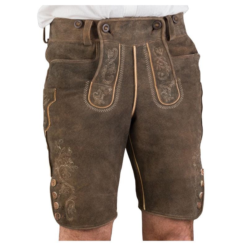 Kurze Wildbock Lederhose Peter in Hellgrau Grün Sämisch – Luxuriöse Handwerkskunst