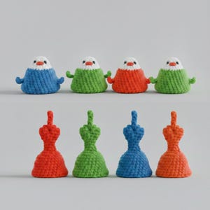 May include: A collection of eight handmade crochet figures. The top row features four bird-like figures in blue, green, red, and green. The bottom row displays four dress-shaped figures in red, green, blue, and orange.