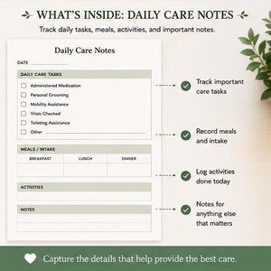 May include: A white Daily Care Notes sheet with sections for tasks, meals, activities, and notes. The text includes "Administered Medication," "Personal Grooming," and "Vitals Checked." The sheet is designed to track daily care details.