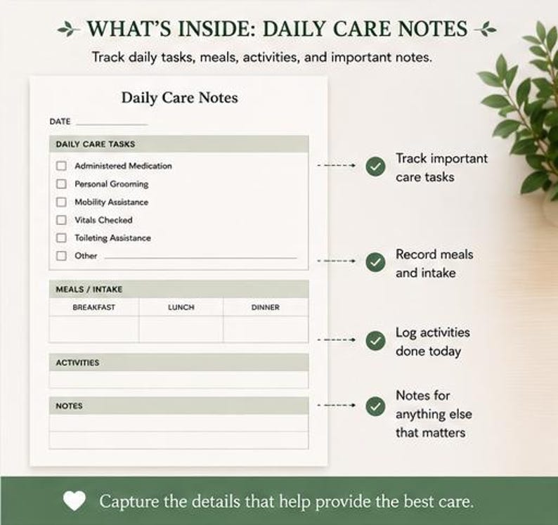 May include: A white Daily Care Notes sheet with sections for tasks, meals, activities, and notes. The text includes "Administered Medication," "Personal Grooming," and "Vitals Checked." The sheet is designed to track daily care details.