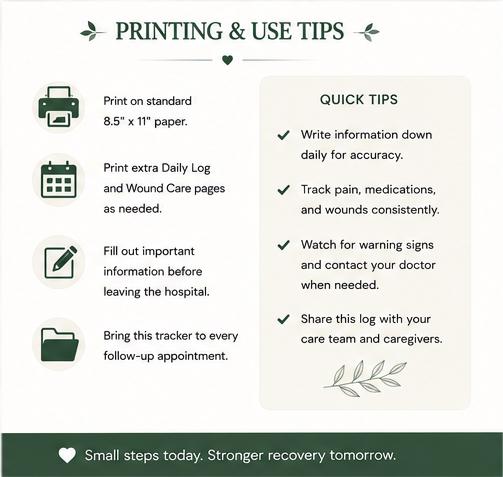 Post Surgery Recovery Chart Surgery Recovery Tracker Printable | Post Surgery Planner | Caregiver ...
