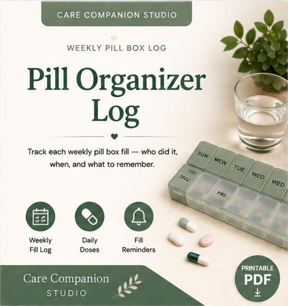 Pill Organizer Log Printable Weekly Pill Box Tracker Medication Organizer Log Caregiver Medication Planner Pill Tracker