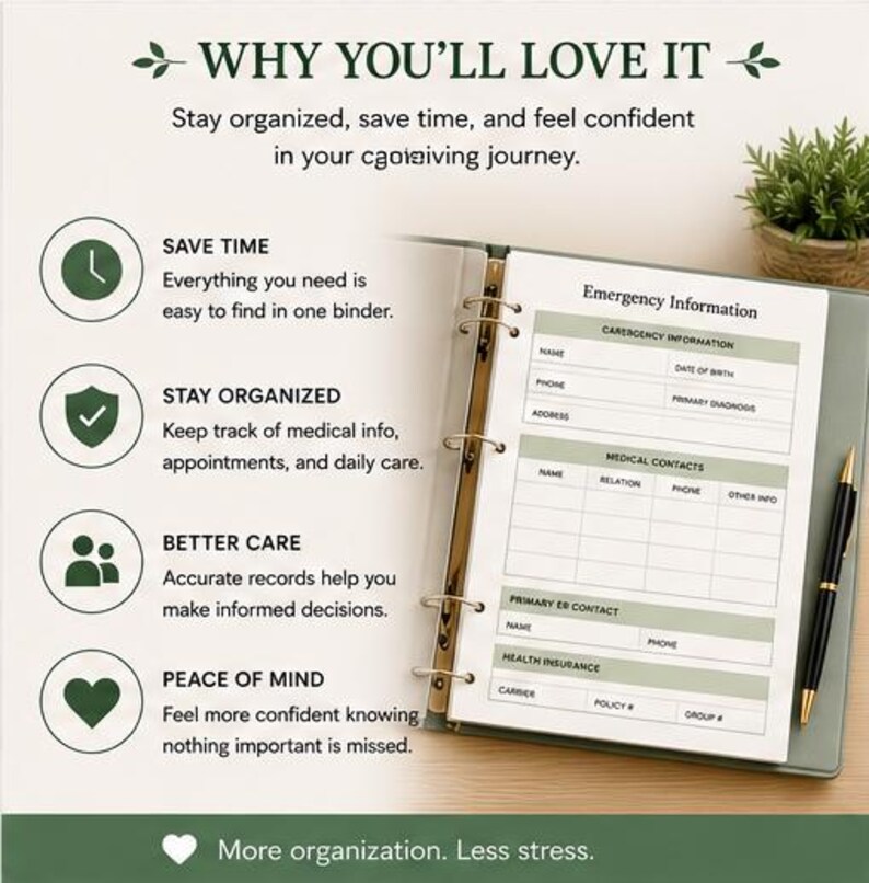 May include: A light green binder with gold rings, open to reveal an emergency information form. A black pen rests on the right. Text on the left highlights benefits: save time, stay organized, better care, and peace of mind.