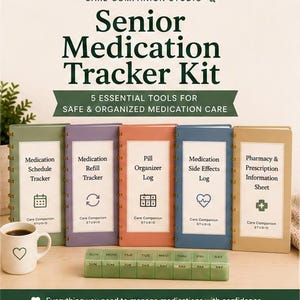 Puede incluir: Kit de seguimiento de medicamentos para personas mayores con cinco herramientas esenciales para una gestión segura y organizada de la medicación. Incluye un rastreador de horarios, un rastreador de recargas, un registro de organización de pastillas, un registro de efectos secundarios y una hoja de información farmacéutica.