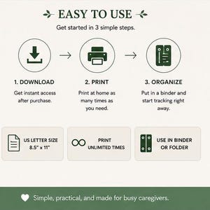 May include: An infographic with the text "EASY TO USE" and instructions for downloading, printing, and organizing. The text includes "US LETTER SIZE 8.5" x 11"" and "PRINT UNLIMITED TIMES". The bottom of the image reads "Simple, practical, and made for busy caregivers."