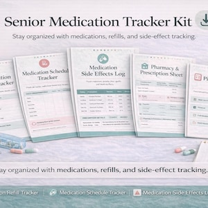 Puede incluir: Un kit de seguimiento de medicamentos para personas mayores con un kit de carpeta de cuidados imprimible. La imagen muestra registros de recarga, programación y efectos secundarios de medicamentos, una hoja de farmacia y un organizador de pastillas. También se incluyen pastillas, un frasco de pastillas y un bloc de notas con un bolígrafo.