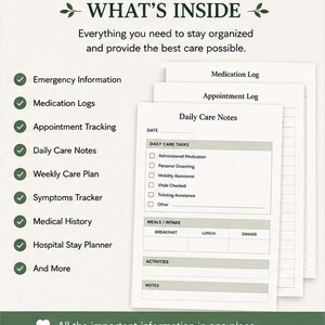 May include: A stack of printed care planning sheets with the text "WHAT'S INSIDE" at the top. The sheets include sections for emergency information, medication logs, appointment tracking, and daily care notes. The text "All the important information in one place" is at the bottom.