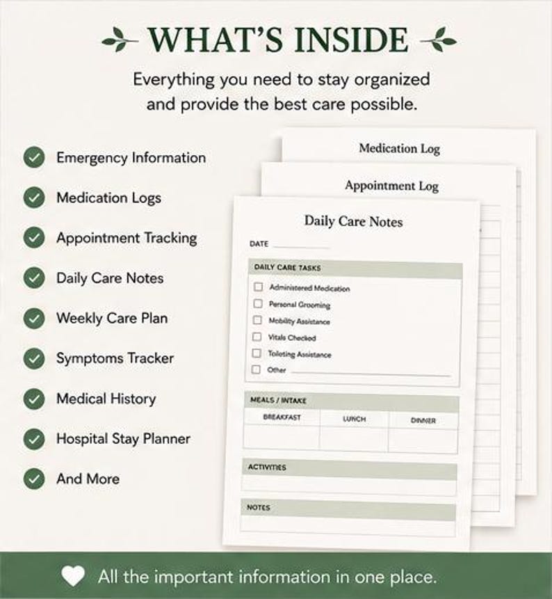 May include: A stack of printed care planning sheets with the text "WHAT'S INSIDE" at the top. The sheets include sections for emergency information, medication logs, appointment tracking, and daily care notes. The text "All the important information in one place" is at the bottom.