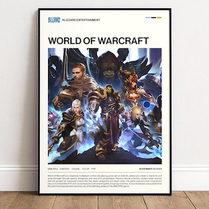 May include: A framed poster featuring the "World of Warcraft" game. The poster has a black frame and displays a colorful illustration of characters from the game. The Blizzard Entertainment logo is at the top, with the game title prominently displayed.