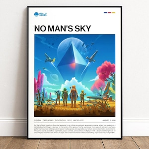 Puede incluir: Un póster enmarcado del videojuego "No Man's Sky". La obra de arte representa un vibrante paisaje alienígena con aeronaves futuristas, flora colorida y figuras con trajes espaciales. El título del juego se muestra de forma destacada en la parte superior.