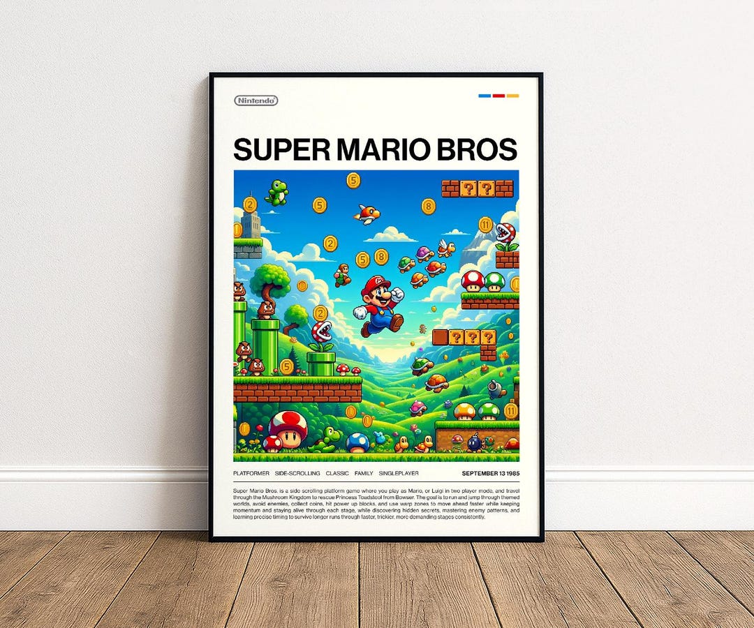 Super Mario Bros Poster Minimalist, Mushroom Kingdom Wall Art, Mario ...