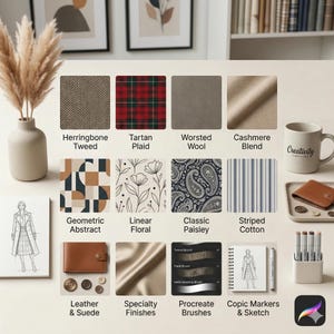 K&ouml;nnte beinhalten: Ein Design-Referenzblatt mit zw&ouml;lf Stoffmustern, darunter Fischgr&auml;t-Tweed, Schottenkaro, Kammgarn, Kaschmir sowie geometrische, florale, Paisley- und Streifenmuster. Enth&auml;lt eine Skizze, eine Ledergeldb&ouml;rse, Kn&ouml;pfe, Marker und digitale Pinselproben.